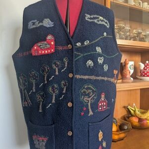 Woolrich Navy Wool Vest with Rustic Embroidery